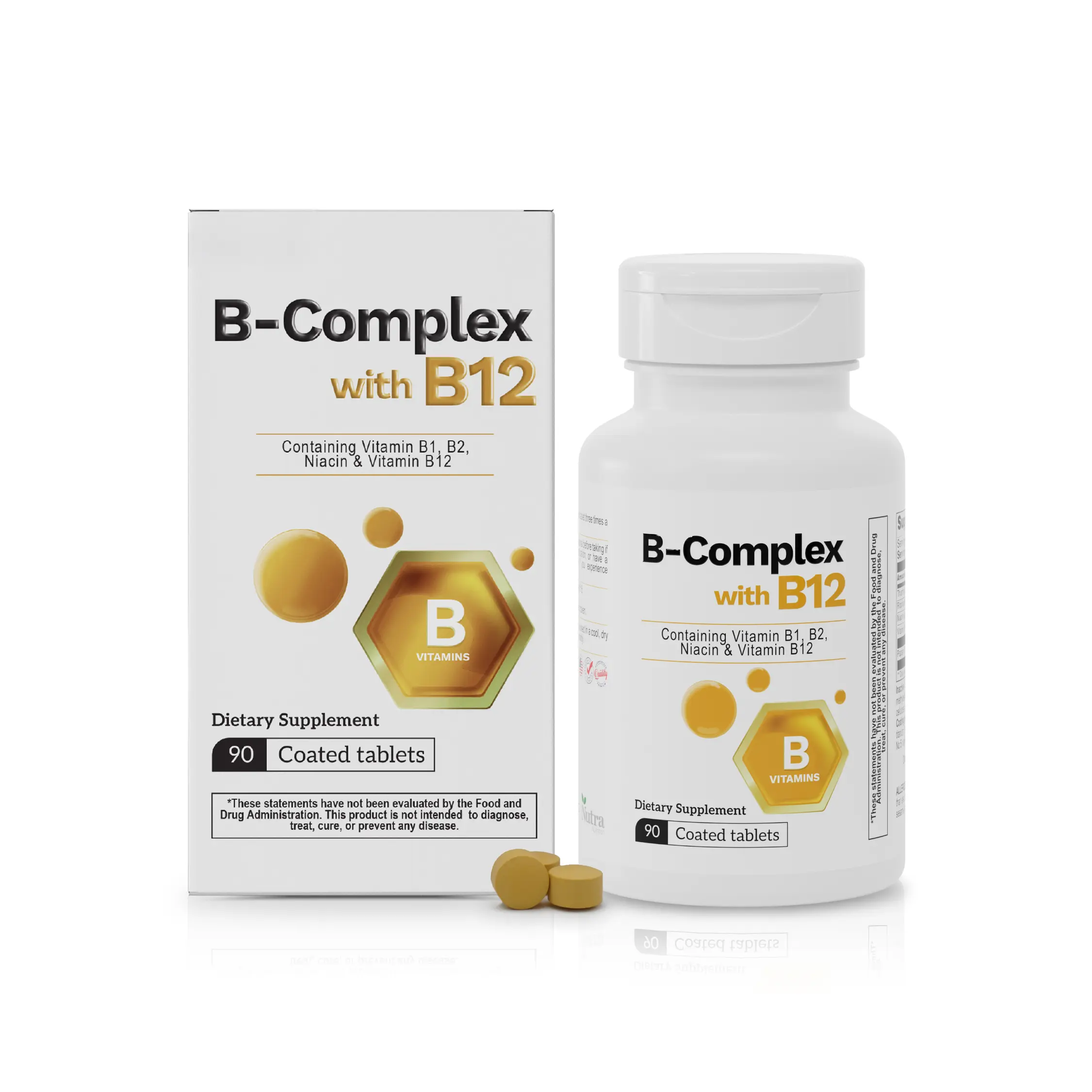 B-Complex Dietary Supplement with B12 & Papain - 90 Coated Tablets, Daily Vitamins for Daily Energy Support