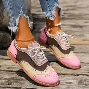 [For Daily Wear Oxford Flats] Women's ColorBlock Oxford Flats, Elegant Brogue Shoes, Versatile Lace-Up Footwear For Daily Wear