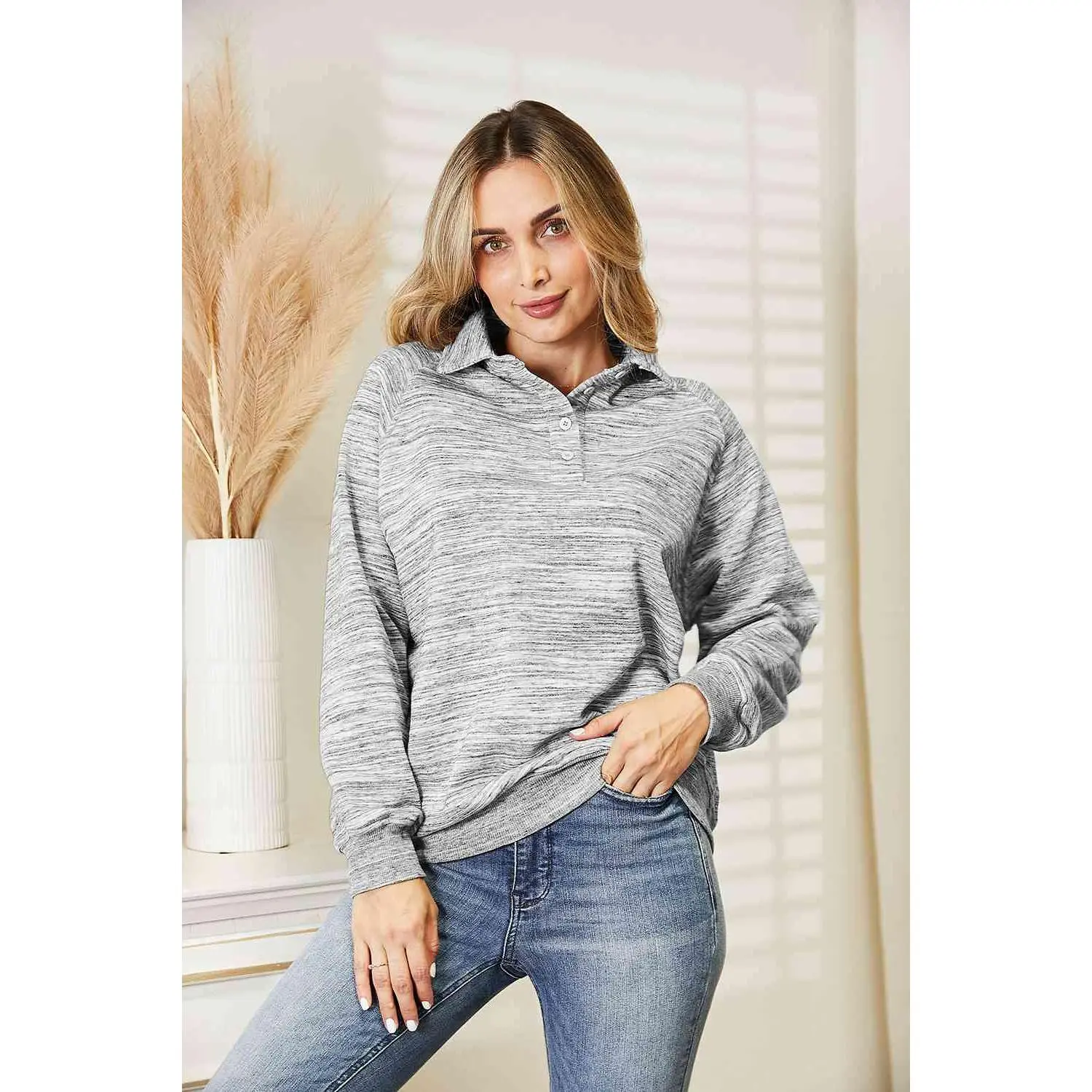 Ninexis Full Size Quarter-Button Collared Sweatshirt