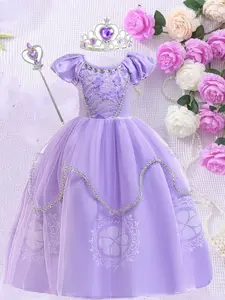 Girl's Contrast Lace Appliques Sequin Tulle Overlay Dress with Crown & Magic Wand, Elegant Puff Sleeve Round Neck Mesh Dress for Party, Kids Clothes for All Seasons