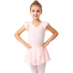 MdnMd Girl's Puff Sleeves Chest Wrinkles Small Sequin Decoration On The Skirt Ballet Training Tutu Dress 101