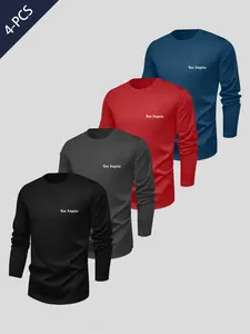 Men's Casual Long Sleeve T-Shirt Set, Los Angeles Element Print, Soft Polyester Fabric, Fitted Style, Four-Piece Pack, Spring & Fall Wear
