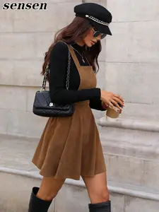 Caramel corduroy A-line short overall dress, Casual Korean preppy style. Perfect for daily outings, campus, commuting, dates and afternoon tea.
