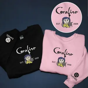 Button Eyes Doll Embroidered Sweatshirt, Creepy Doll Embroidery Hoodie, Scary Doll Embroidery Sweater, Custom Name, Personalized Name, Gifts