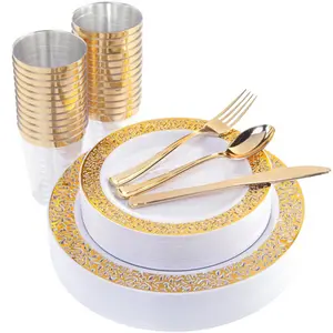 Gold/Silver/Rose Disposable Dinner Plates and Cutlery Set: Dinner Plates, Dessert Plates, Cups, Napkins, Knives, Forks, Spoons - Perfect for Parties