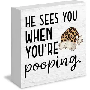 Funny Leopard Christmas Bathroom Wood Box Signs, He Sees You When You're Pooping Sign, Christmas Cheetah Print Santa Hat Wooden Signs for Bathroom Washroom Restroom Decor, 5x5 Inch