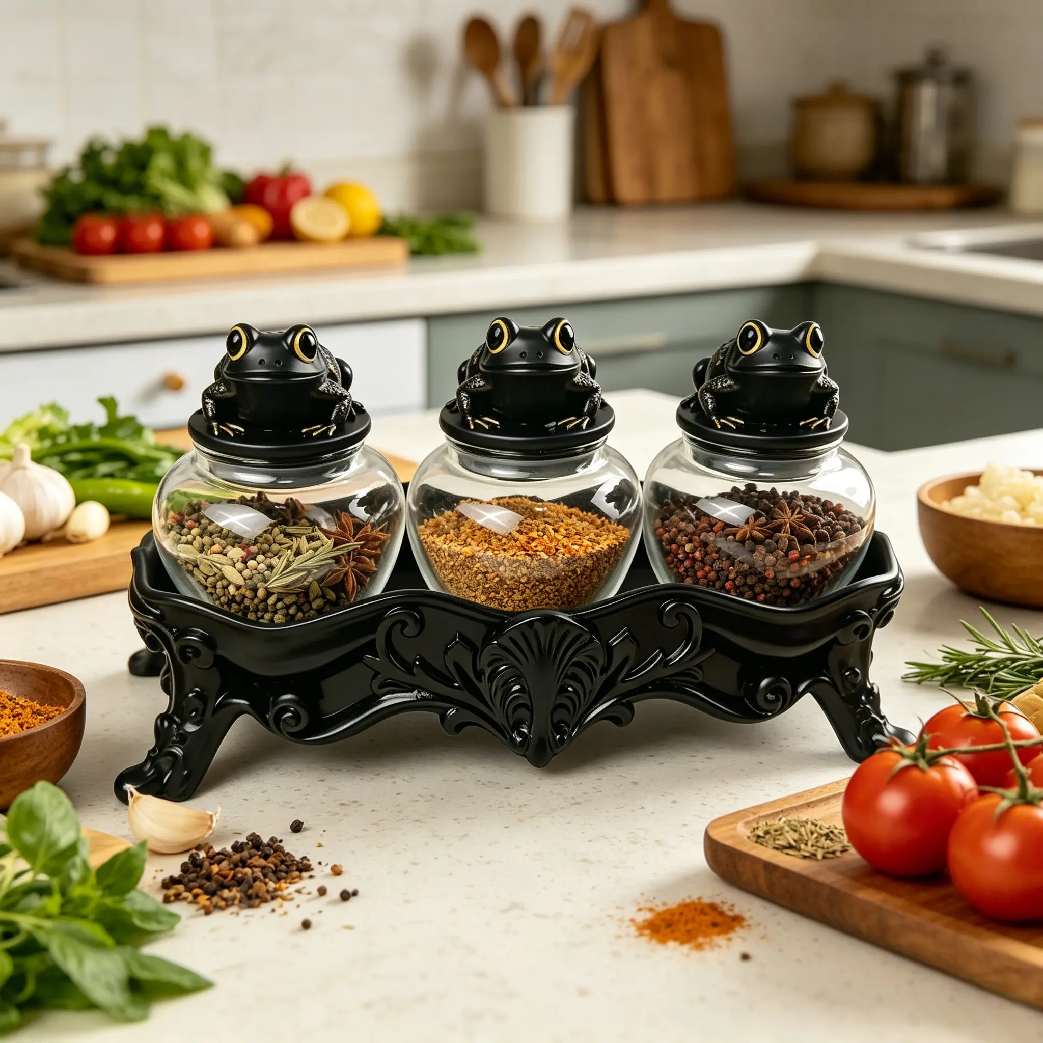 Vintage Gothic Frog Glass Canister Set | 3-Piece Storage Jars with Ornate Stand | Whimsical Kitchen Decor