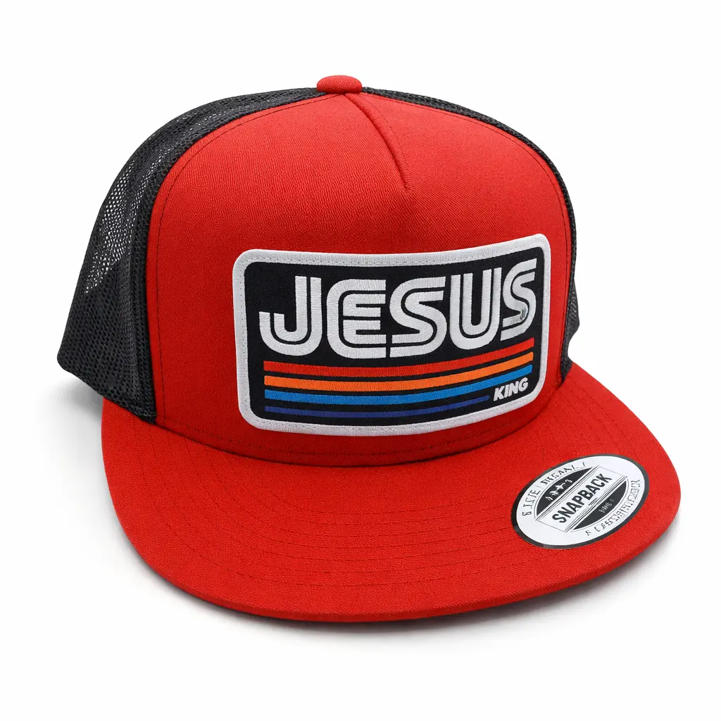 Jesus Christ Embroidered Patch Trucker Hat | Red & Black Flat Bill Snapback | Christian Faith Cap