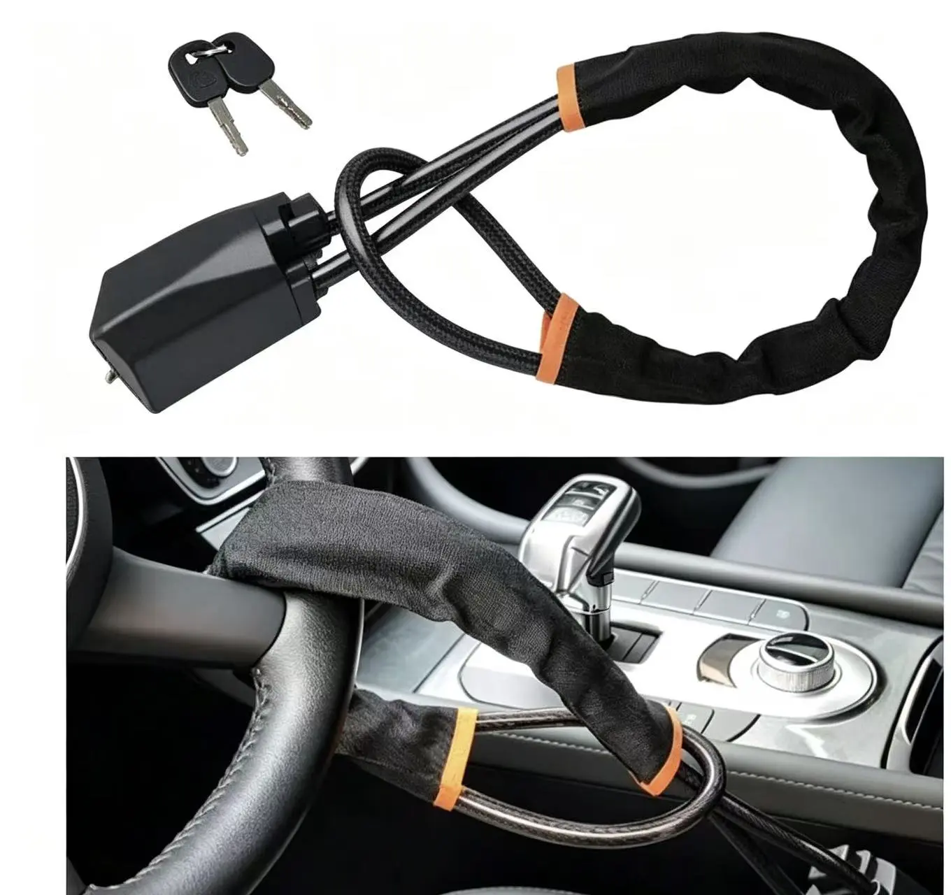 17-in 2-in-1 Car Steering Wheel Security Lock - ABS & Alloy Steel, PVC-Coated, Compact, Tool-Free, Dual Lock, Multi-Vehicle Fit for Sedans, SUVs, 3 Keys, Black