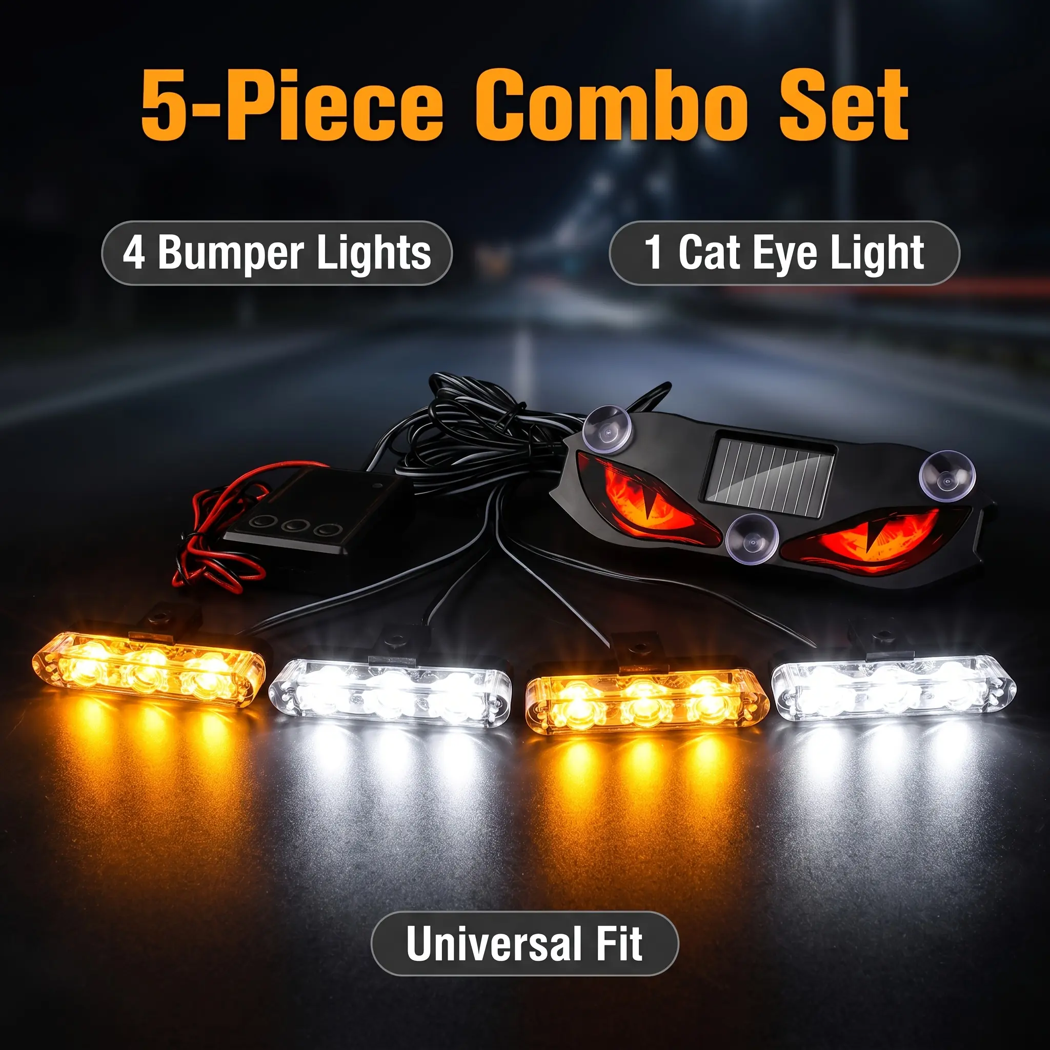 5PCS Automotive Grill Accent Light Strip + Cat-Eye Accent Light, Truck Grill Light, Bright Amber White Grill Bumper Light Kit, Cat-Eye Suction Cup Accent Light, Front Grill Accent Light Suitable for Most Vehicle Models