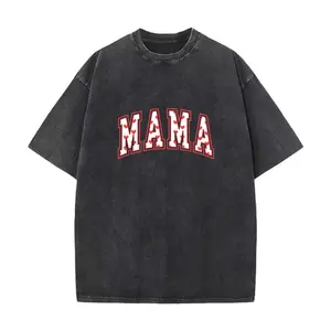 Unisex T-Shirt Mama Heart Pattern Varsity Print Tee Mother's Day Celebration Cotton Short Sleeve Shirt for Men and Women Vintage Washed Casual Top Holiday Gift Mother's Day Gift