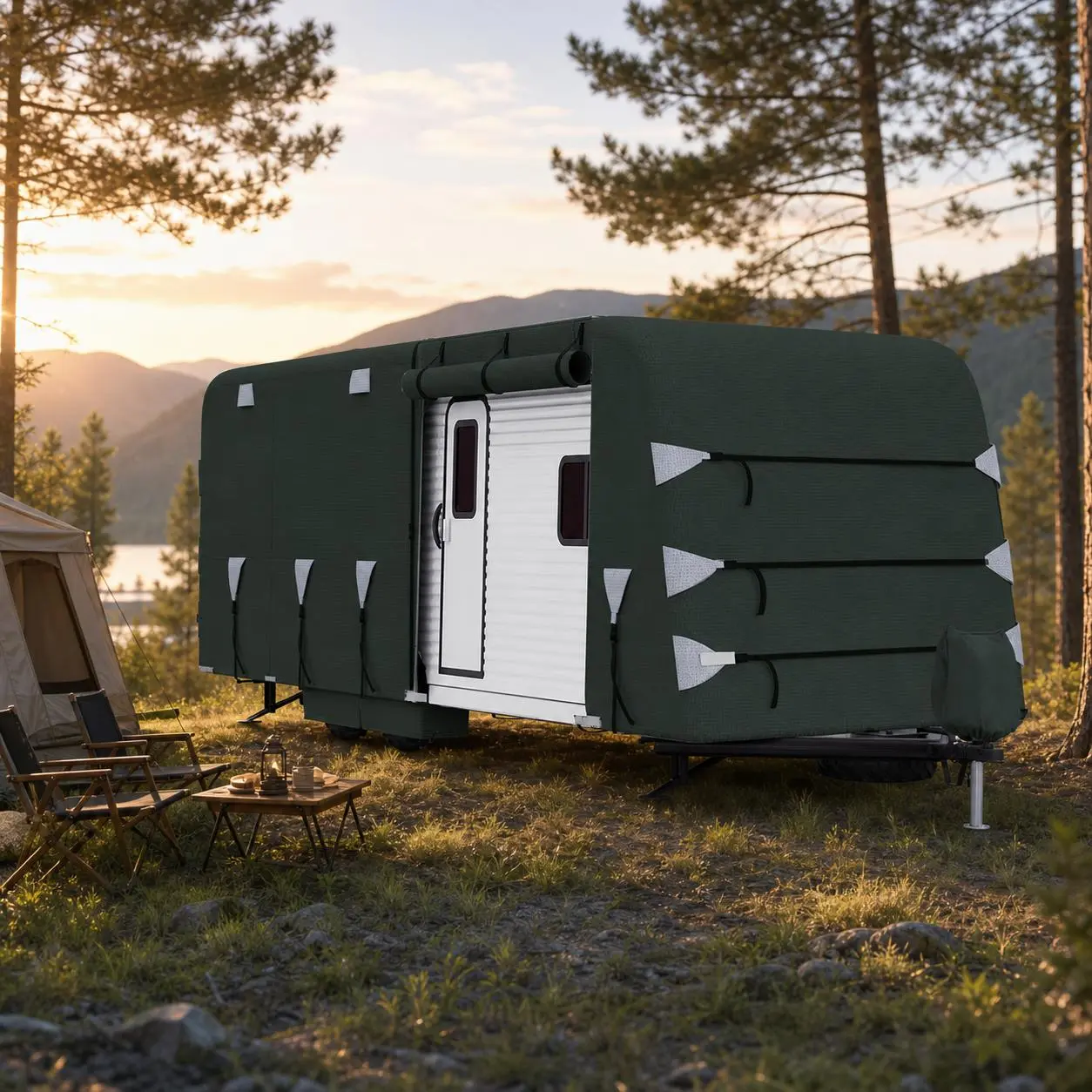 Heavy Duty Waterproof RV Travel Trailer Cover, Multi-Layer Spunlace Cotton All-Weather Protective Camper Motorhome Jacket with Straps, Green & Gray White