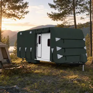 Heavy Duty RV Cover for Travel Trailer, Waterproof Multi-Layer Spunlace Cotton Motorhome Cover All-Weather Protective Camper Jacket with Straps, Green & Gray White