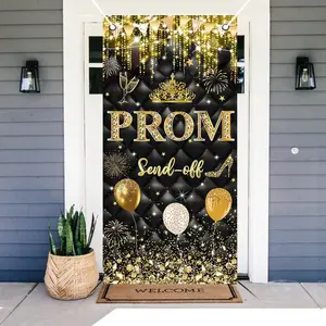 Prom Send Off Door Cover Banner Black and  Prom Night Photography Backdrop Glitter Champagne Congrats Grad Class of 2026 Graduation Party Decorations Banner