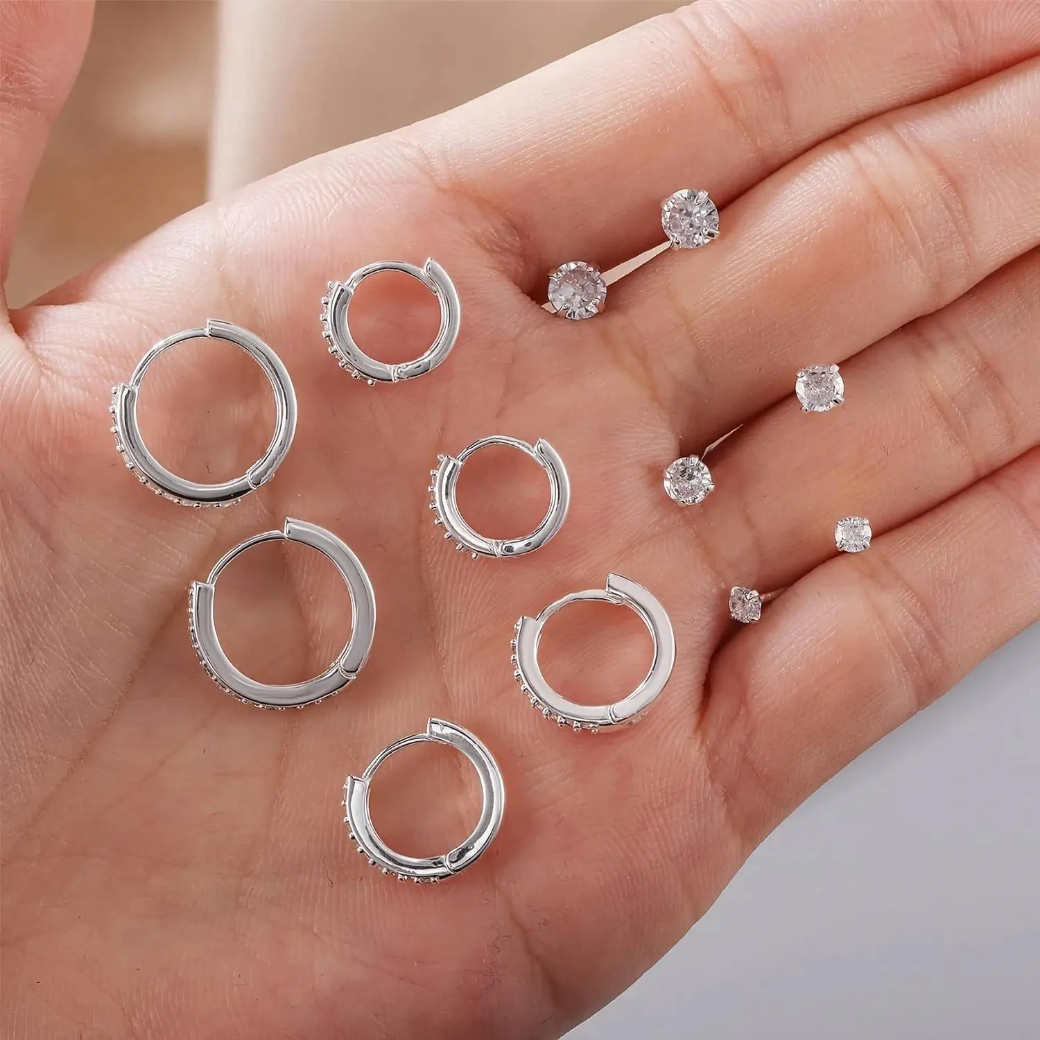 Jewelry Set – 6 Pairs CZ Studs & Huggie Hoop Earrings, Nickel-Free Hypoallergenic Stackable Earrings for Cartilage Lobe, Trendy Accessories for Women Daily Vacation Party