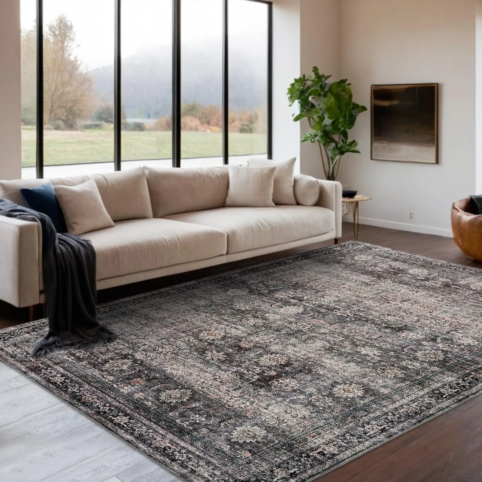 9x12 Washable Vintage Floral Rug - Boho Non-Slip, Stain-Resistant Low-Pile Carpet - Perfect for Living Room, Nursery, Dining Room, Green Camel