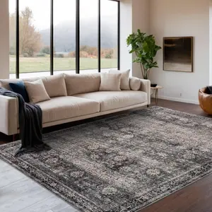 9x12 Washable Vintage Floral Rug - Boho Non-Slip, Stain-Resistant Low-Pile Carpet - Perfect for Living Room, Nursery, Dining Room, Green Camel