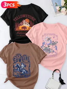 Women's 3-Pack Casual Short Sleeve Crew Neck T-Shirt, Yellowstone Western Cowgirl & Moth Print, Multiple Colors, Machine Washable, Spring & Summer Top, Soft Skin-Friendly Fabric, Daily Wear, Fashion Design