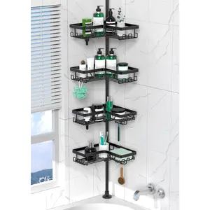 Corner Shower Caddy Tension Pole - 4 Tier Stainless Steel Rustproof Shower Corner Caddy for Bathtub Bathroom Shower Organizer Shelves Adjustable Pole 25-114.2 Inch Black