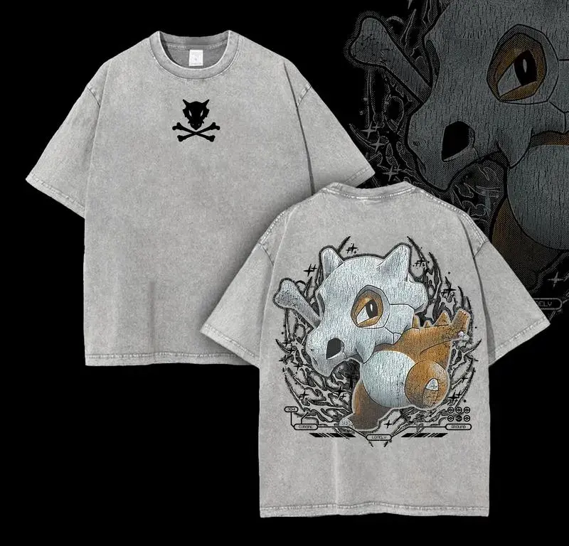 Men's Shortsleeve Graphic T-Shirt with Cubone Anime Print | Vintage Acid Wash Oversized Heavyweight Cotton for Retro Streetwear, Aesthetic, Baggy, Casual, Loose, Original, Seamless, Classic
