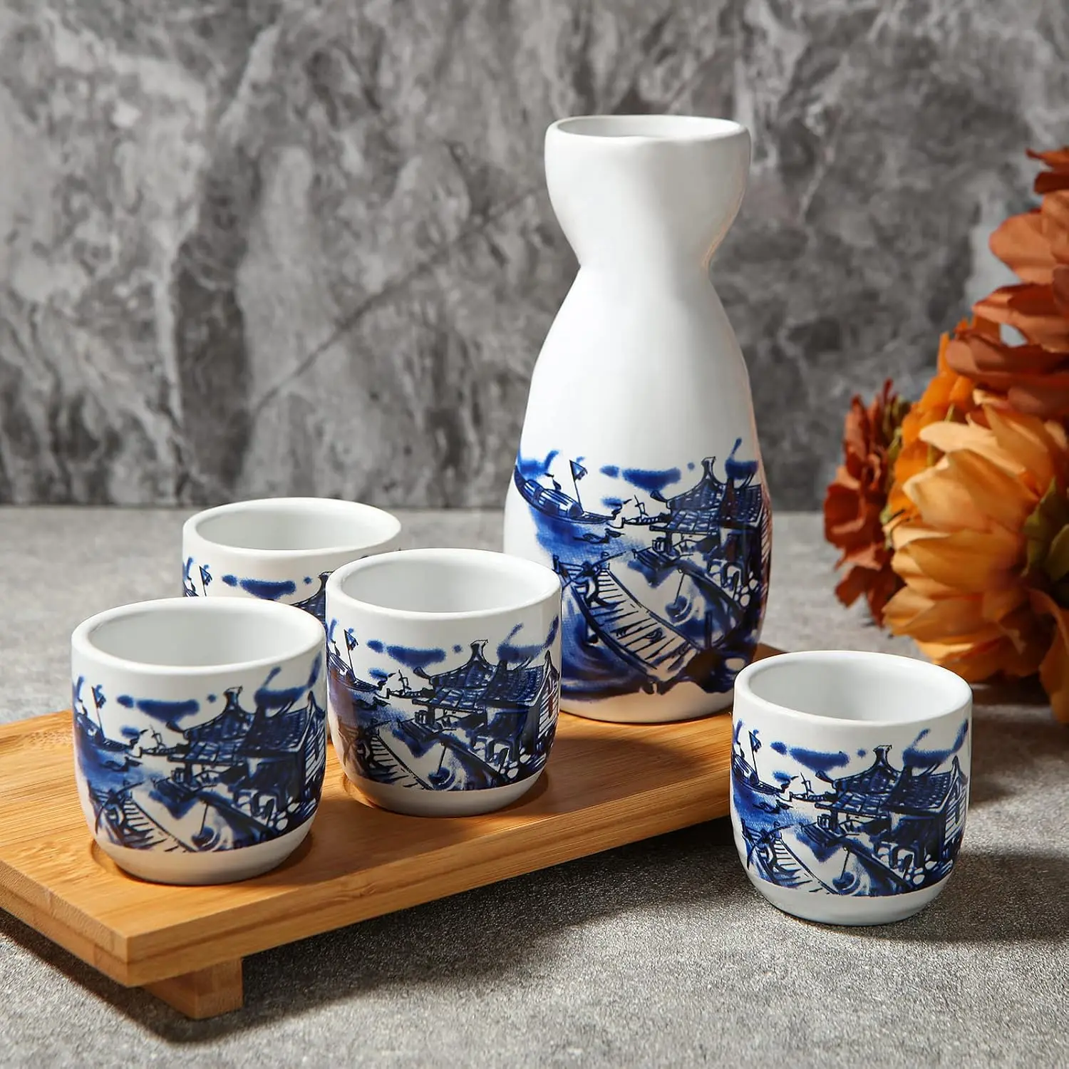 Ceramic Japanese Sake Set with 1 Tokkuri Bottle, 4 Ochoko Cups, and a Wooden Tray - Microwave & Dishwasher Safe, Ideal for Home Supplies, Festive Gatherings, Party Gifts, Gift, Microwave And Dishwasher Safe