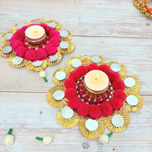 Elegant Pompom Rangoli Mat with Tea Light Candle Holder | Perfect for Diwali, Onam, Christmas | Sacred Decor, Housewarming Gift (2 Pcs)