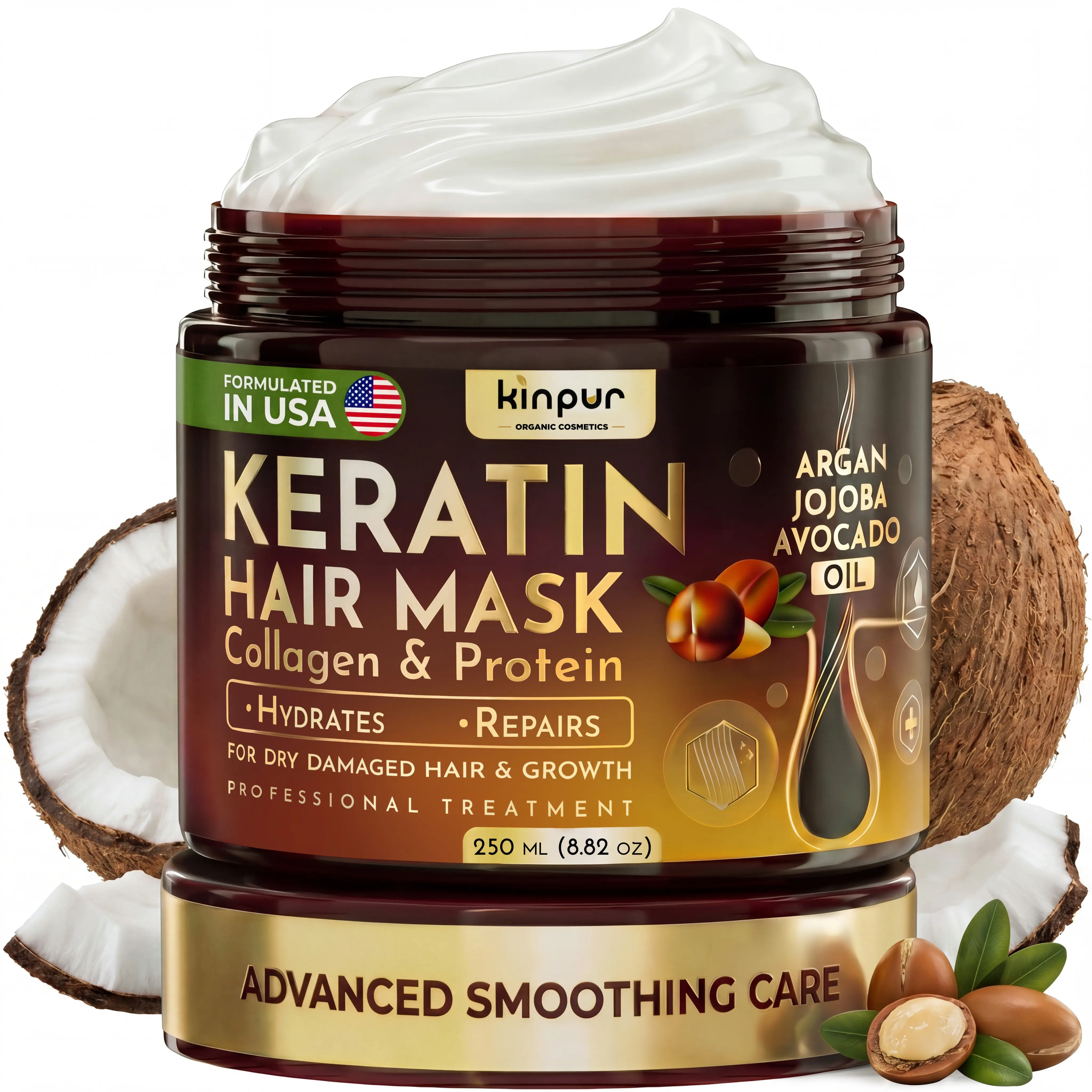 KINPUR Keratin Hair Mask for Dry & Damaged Hair – Deep Conditioner with Biotin, Coconut, Jojoba & Avocado Oil – Hydrating Treatment for Split Ends & Growth, 250 ML