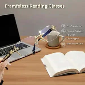 Frameless Reading Glasses with Clear Lenses Diamond-Cut Edges Fashion Metal Temple Decor HD Vision for Reading Computer Gaming Street Style Unisex Women Men Daily Use