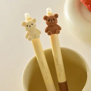 2 Retractable Fine-tip Pens with Erasers, Cute Bear Design, Smooth Writing and Correction, Durable Plastic, Retractable Feature