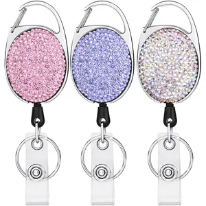 3 count Retractable Badge Reel Carabiner Badge Holder, Badge Reels Retractable Heavy Duty with Bling Rhinestone Carabiner Reel Clip and Ring, Badge Holders for ID Card Keychain(Color&Purple&Pink)