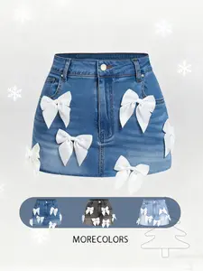 Women's Elastic Denim Short Skirt with Bow, Slant Pockets, High Stretch Fabric, Casual Fashion for Parties Holidays Daily Wear