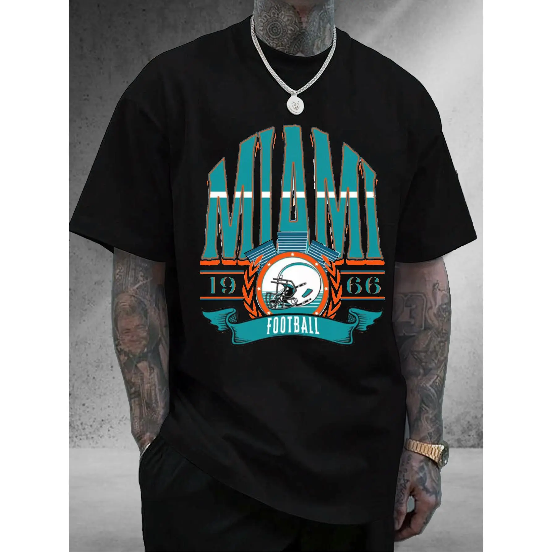 Men's Miami Football Team Graphic Short-Sleeve Undershirt - Beige with Teal & Orange Accents, Heavyweight 100% Cotton Comfy Crewneck Menswear Basic for Gym, Casual Outfits - Miami Sports Fan Gift, Bold Print, Comfortable Fit