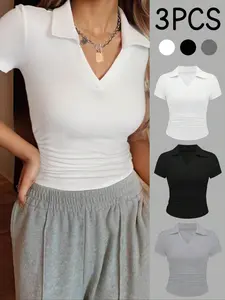Set of 3 Summer Casual Lightweight Basic Solid Color Polo Collar T-Shirts, Fitted Style with Side Pleats & Cinched Waist Design for Men Women Womenswear