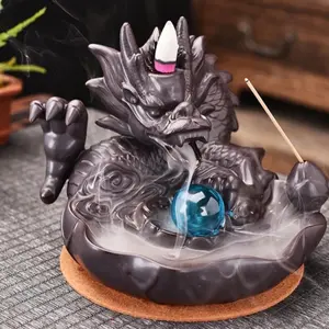 Dragon w/Glass Ball Ceramic Backflow Cone/Incense Burner 5.5" H x 6.5"W*