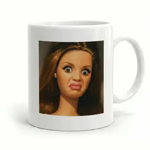 Funny Disgusted Doll Face Mug Unhinged Meme Sarcastic Reaction Coffee Cup