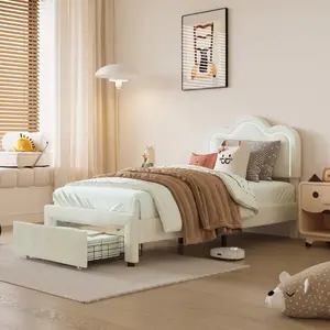 Garvee Twin size padded bed with adjustable-height mountain-shaped headboard, integrated RGB LED lighting, wooden frame, modern silent design, beige, perfect for teenagers and versatile bedroom decor