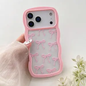 1pcs Cute Bow Case for IPhone 17 Pro Max/17 Pro/17 Air/17/16/15/14/13/12 Case, Clear Ribbon Bow Pattern Curly Wave Edge Aesthetic Transparent Phone Case, Slim Shockproof Protective Phone Cover for Women Girls - Pink