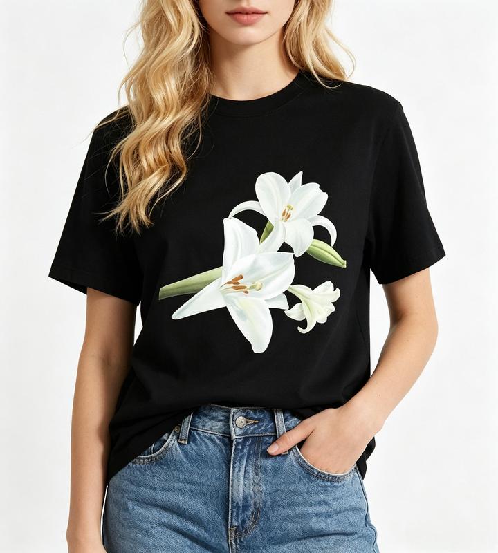 Women's Comfortable White Lily Print Short Sleeve T-Shirt - Black, Elegant Nature Floral, Fit Casual Top for Beach, #sohochic
