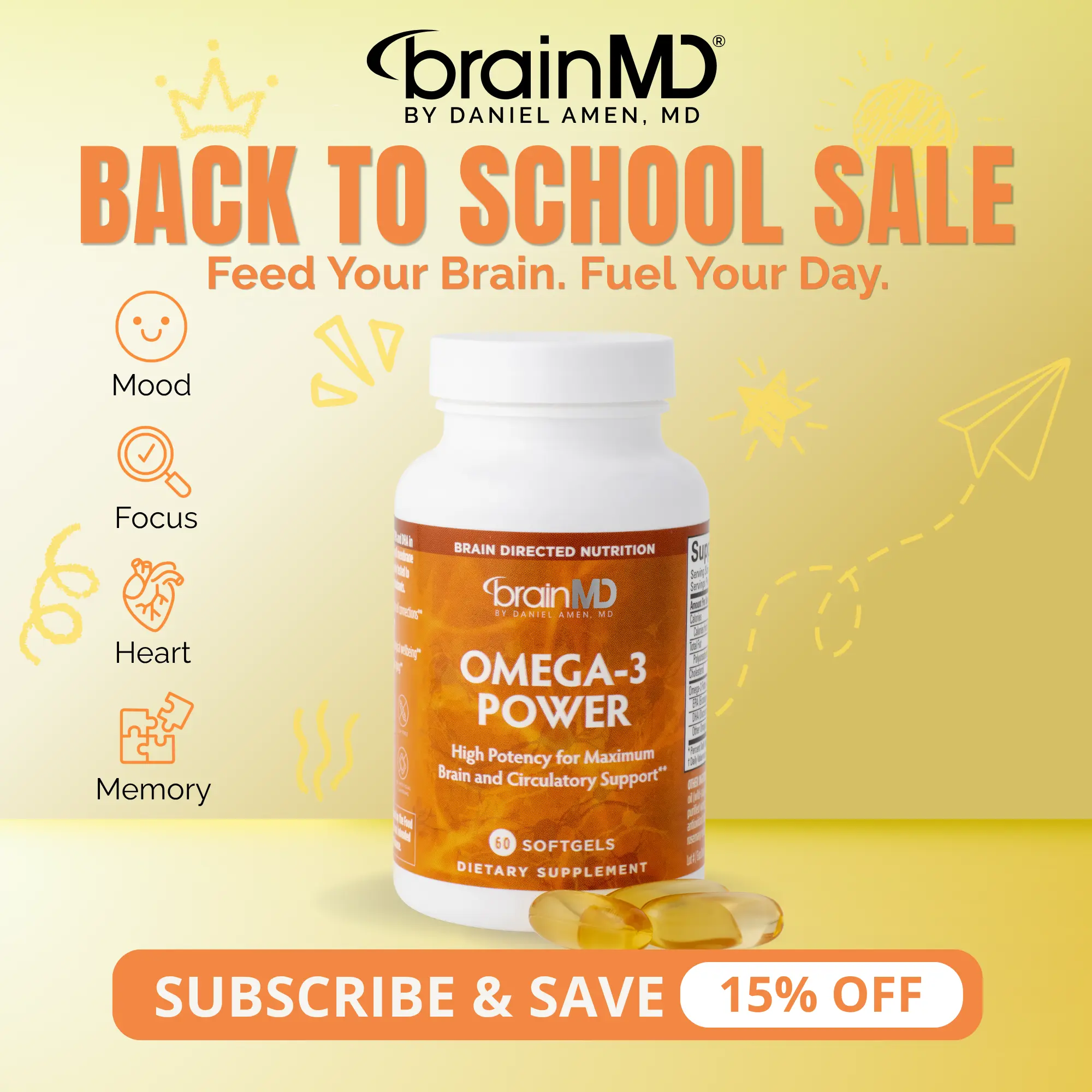 Omega-3 Power | BrainMD | 60 or 120 Softgels | Heart, Brain & Mood Support | Focus, Memory & Joint Health Support | EPA & DHA Fish Oil