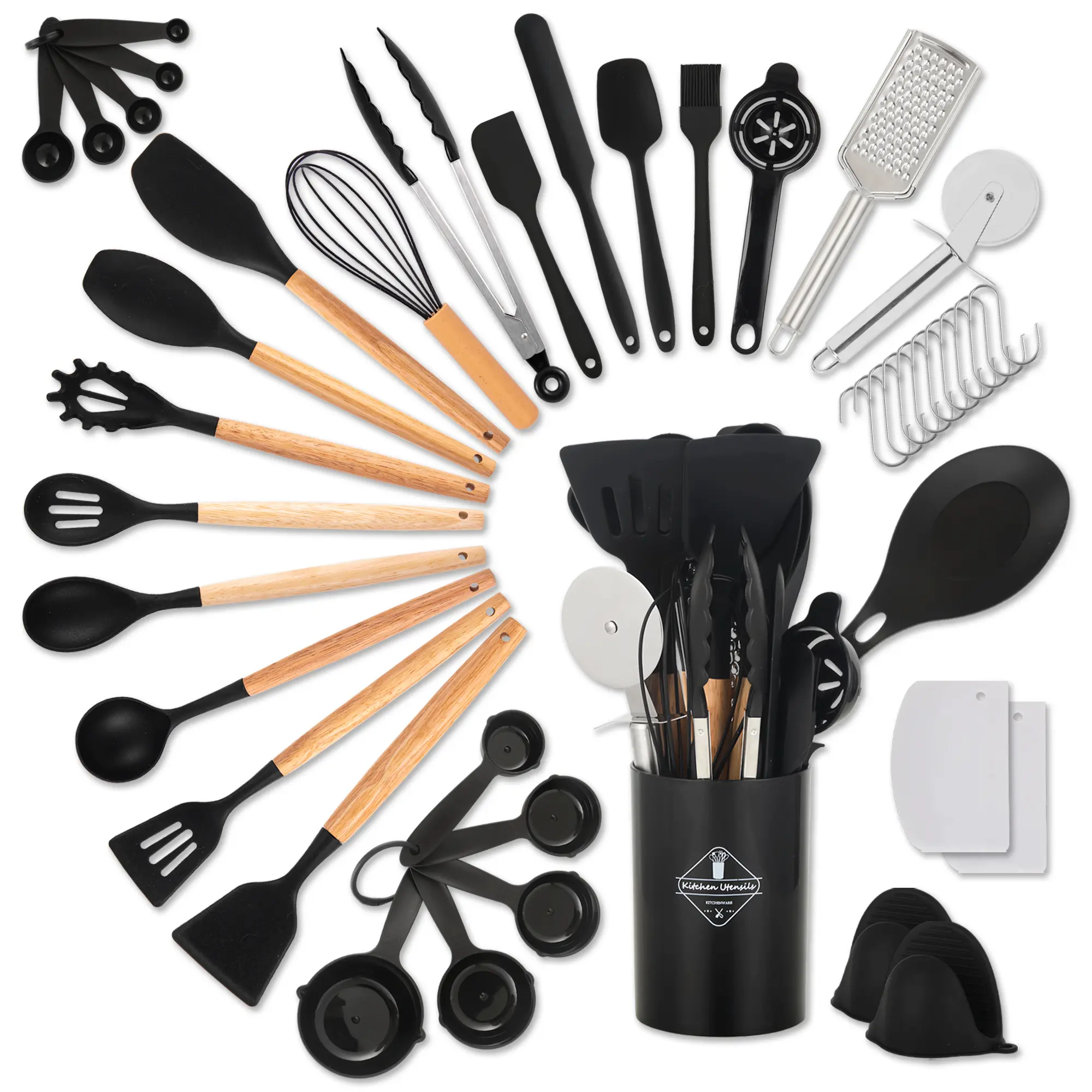 43pcs Silicone Kitchen Utensils Set with Wooden Handles - Non-Stick Heat-Resistant Cooking & Baking Kit, Measuring Cups, Hooks & Holder - Girly Kitchen Accessories Essentials kitchenware tool gadget