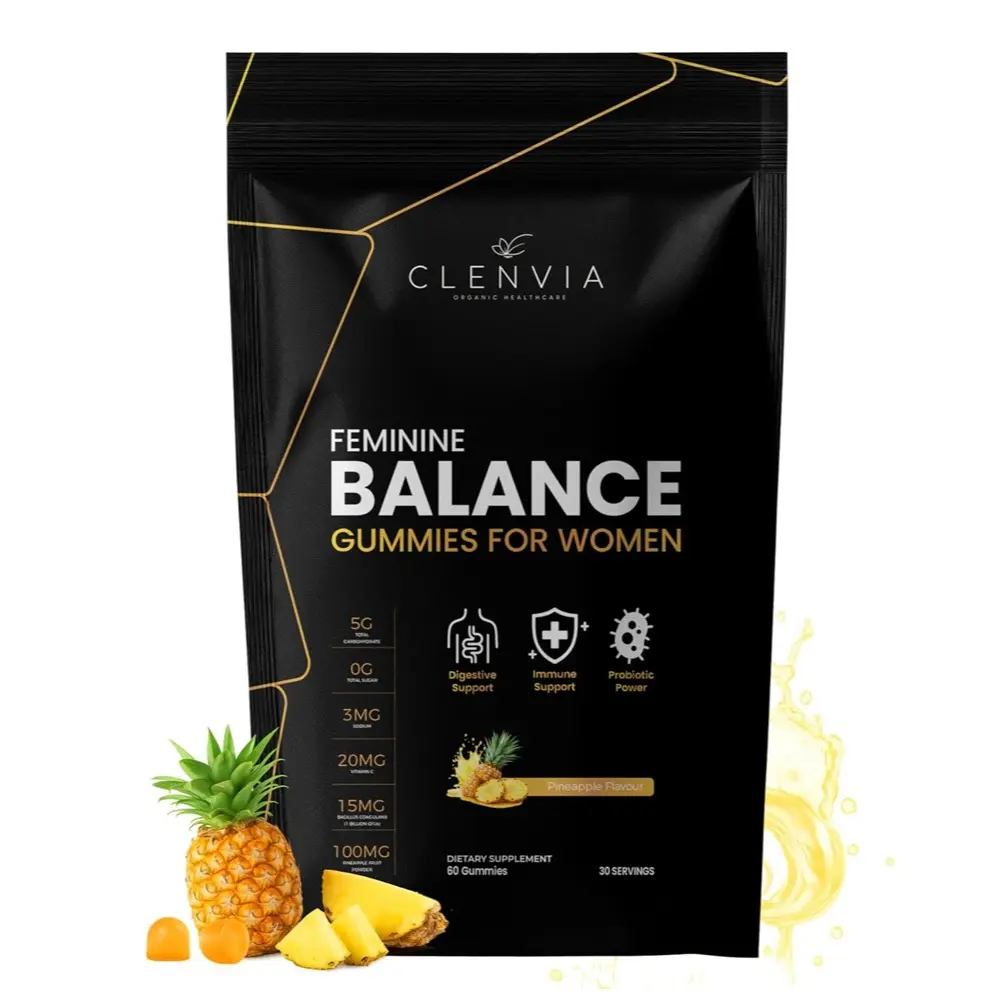 Clenvia Premium Feminine Balance Gummies for Women – Pineapple Gummies for Women pH Balance & Immune Support – Probiotic with Vitamin C – Vegan, Gluten-Free – 60 Gummies