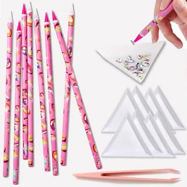 17Pcs Rhinestone Picker Tool Kit, Self-Adhesive Wax Pencil for Rhinestones and Diamond Painting, Jewel Picker Tool Dotting Tools for Nail Art, Little Nail Gem Tool with 8 Rhinestone Tray Nail Tweezers