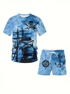 Men's Blue Pirate Ship Print T-Shirt and Shorts Set, Skull Compass Anchor Pattern, Casual Loose-Fitting, All Seasons