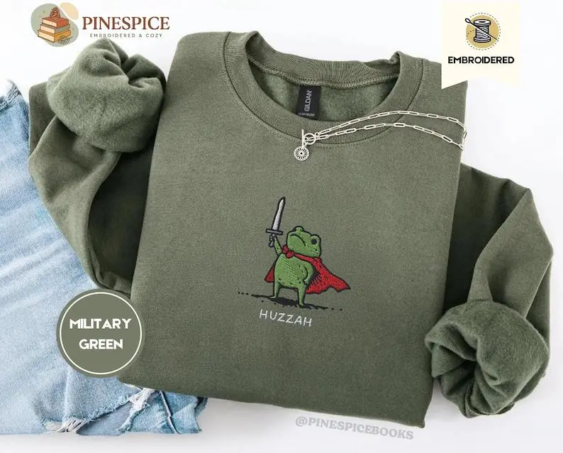 Huzzah Frog Embroidered Sweatshirt, Funny Medieval Frog Crewneck, Renaissance Faire Inspired Design, Fantasy Gamer Gift