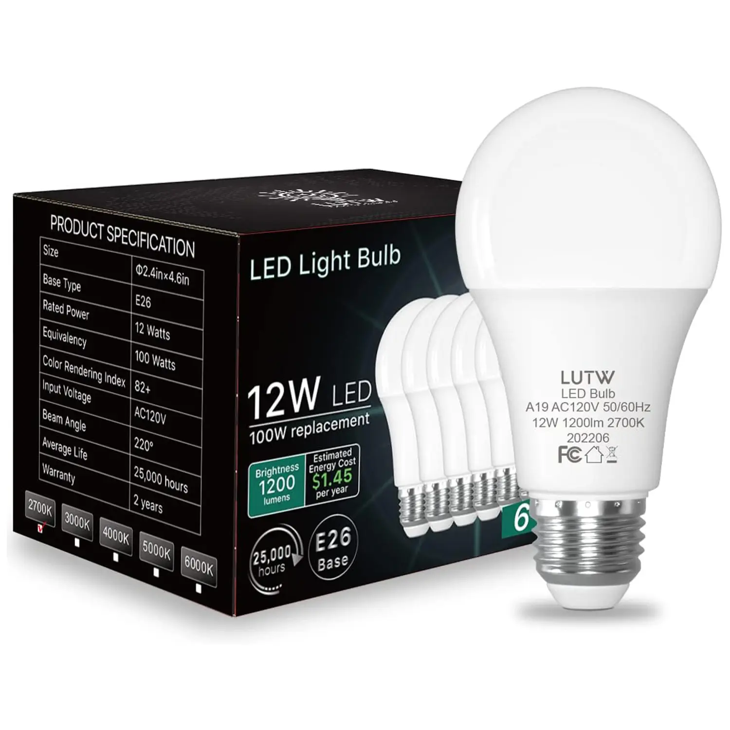 A19 E26 Base LED Light Bulbs, 100W Equivalent, 12W, 1200 Lumens, 2700K-6000K, Non-Dimmable Super Bright LEDs, 6-Pack