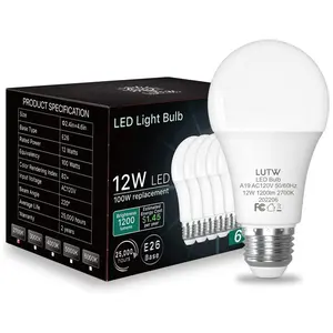 A19 LED Light Bulbs 100 Watts Equivalent, 1200 Lumen Standard LED Bulb, 12W E26 Base 2700K / 6000K Non-Dimmable, 6 Pack