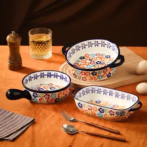 Vintage Ceramic Baking Tray, Heat Resistant Bakeware, Rectangle Fruit Bowl & Cheese Baked Rice Serving Dish, Ideal for Oven & Microwave Use at Home, Thermal Casserole Dish