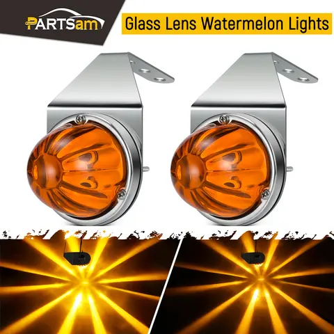 Partsam 2Pcs Amber Glass Lens Watermelon Truck Accessories, Rainproof IP65 High-Power LED for Alert Side Lights with Stainless Steel Mirror Mount, Ambient Car Lights Lighting Assemblies & Components for Kenworth Peterbilt Freightliner
