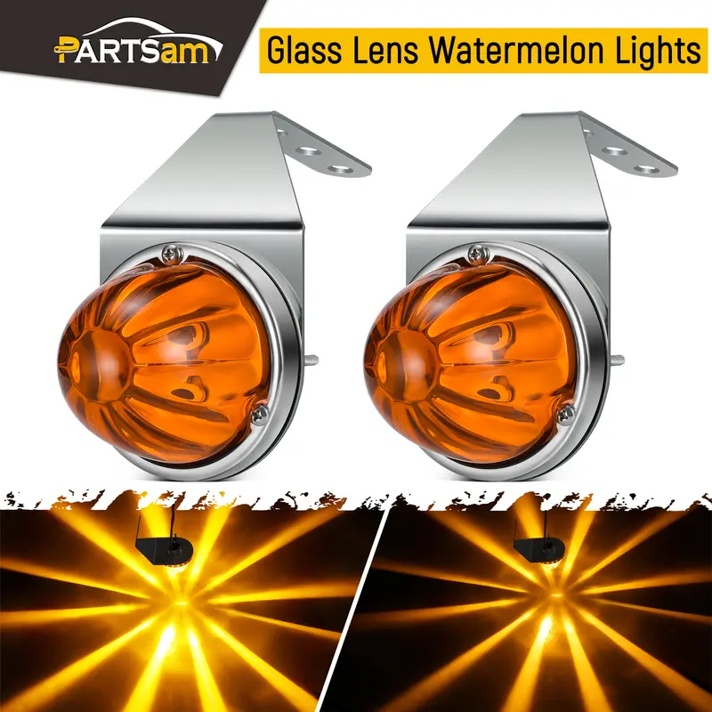 Partsam 2Pcs Amber Glass Lens Watermelon Truck Accessories, Rainproof IP65 High-Power LED for Alert Side Lights with Stainless Steel Mirror Mount, Ambient Car Lights Lighting Assemblies & Components for Kenworth Peterbilt Freightliner