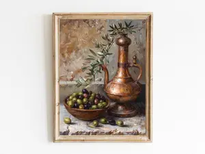 Rustic Olive Branch And Copper Pot Art Print, Vintage Style Still Life, Mediterranean Kitchen Wall Decor, Botanical Olive Painting, Culinary Gifts, Country Kitchen Olive Wall Poster